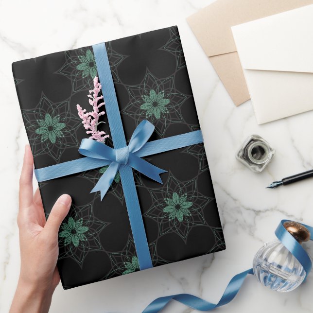Modern Floral Geometric Pattern Teal and Black Wrapping Paper (Gifting)