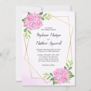 Modern Floral Geometric Pink Hydrangea Wedding Invitation