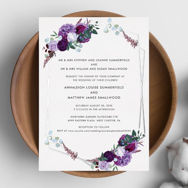 Modern Floral Geometric Wedding Silver (Purple Floral Watercolor Silver Foil Geometric Wedding Invitation)