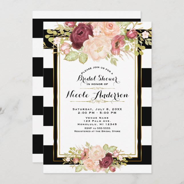 Modern Floral Glam Black White Stripes Bridal Invitation (Front/Back)