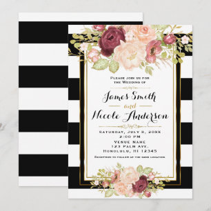 Modern Floral Glam Black White Stripes Wedding Invitation