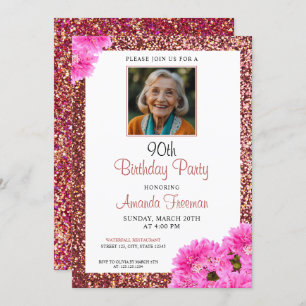 Modern Floral Glitter 90th Birthday Invitation