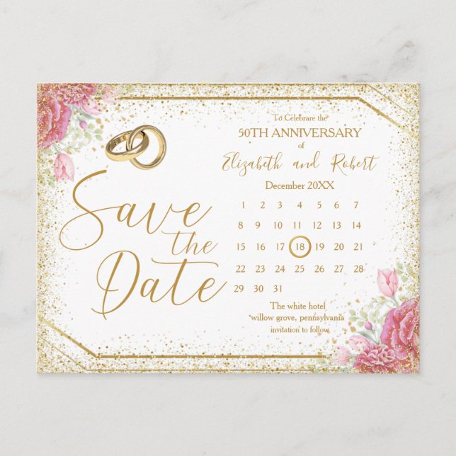 Modern Floral Gold 50th Anniversary Save The Date Announcement Postcard (Front)
