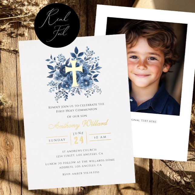 Modern Floral Gold Cross Boys First Communion  (Creator Uploaded)