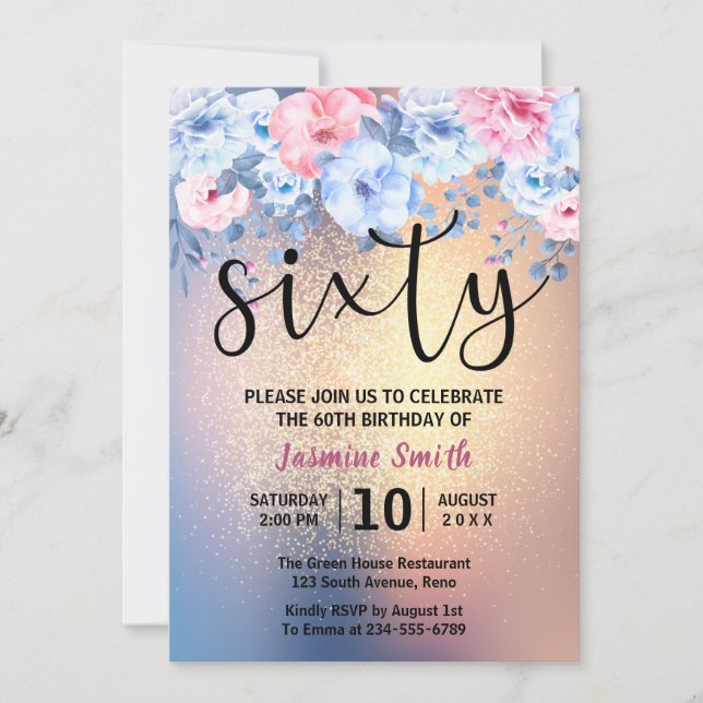 Modern Floral Gold Glitter 60th Birthday Invitation (Front)