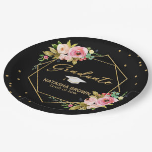 Modern Floral Gold Glitter Geometric Graduation Paper Plate