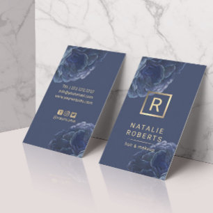 Modern Floral Gold Monogram Logo Elegant Navy Blue Business Card