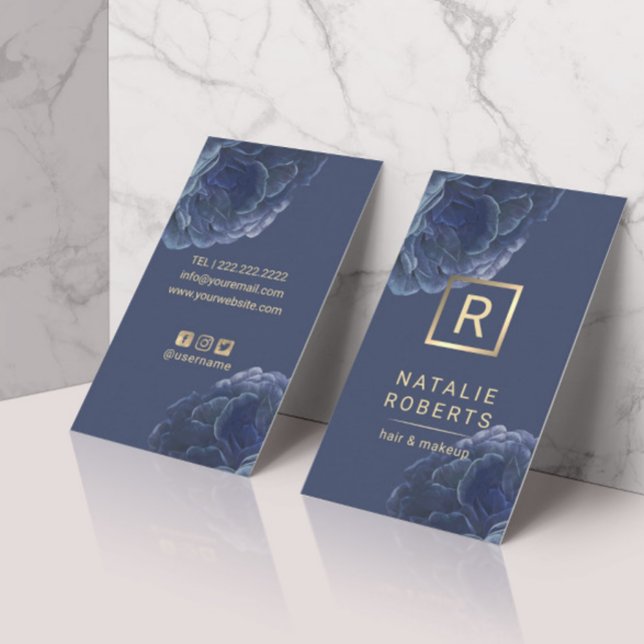 Modern Floral Gold Monogram Logo Elegant Navy Blue Business Card (Creator Uploaded)