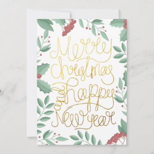 Modern Floral Gouache Gold Script Christmas Card