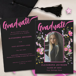 Modern Floral Graduate Photo Black Pink Script Announcement