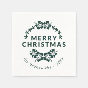 Modern Floral Green Merry Christmas Family Paper Napkin