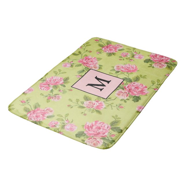 Modern Floral Green Rose Bath Mat (Angled)