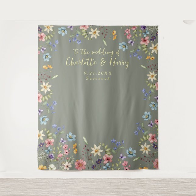 Modern Floral Green Wedding Photo  Backdrop Tapestry (Front)