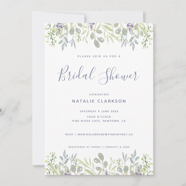 Modern floral greenery bridal shower invitation (Front)