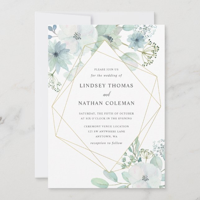 Modern Floral Greenery Gold Geometric Wedding Invitation (Front)