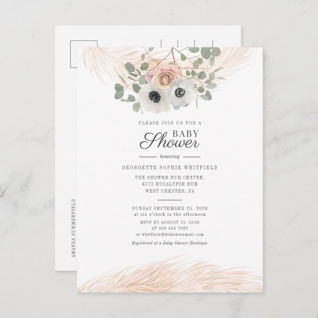 Modern Floral Greenery Pampas Grass Baby Shower Invitation Postcard (Front/Back)