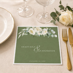 Modern Floral Greenery Wedding Napkins with Names