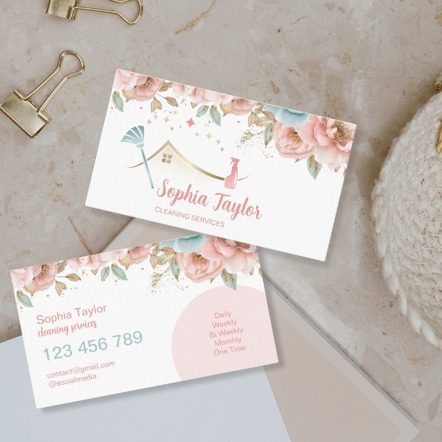 Modern Floral House Cleaning Services Business Card (modern floral cleaning logo, gold, teal, pink color)