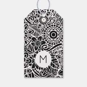 Modern Floral INITIAL Neutral Black White Pattern Gift Tags