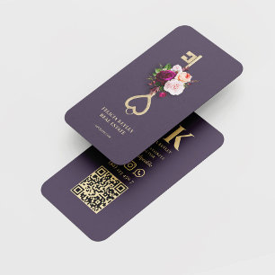 Modern Floral Key Real Estate Monogram Realtor  Business Card