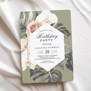 Modern Floral Khaki Tropical Leaves & Orchid  Invitation