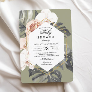Modern Floral Khaki Tropical Leaves & Orchid  Invitation