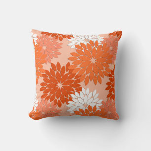 Modern Floral Kimono Print, Coral Orange on Peach Cushion