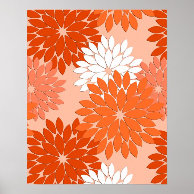 Modern Floral Kimono Print, Coral Orange on Peach Poster (Front)