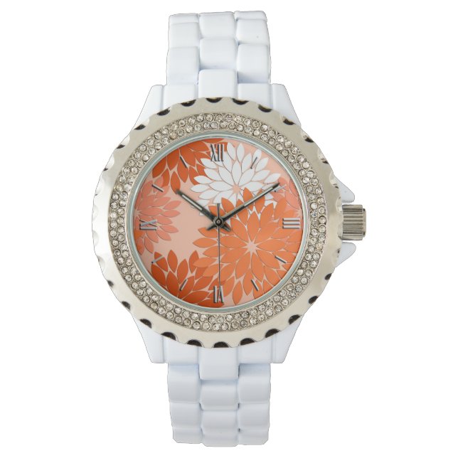 Modern Floral Kimono Print, Coral Orange on Peach Watch (Front)