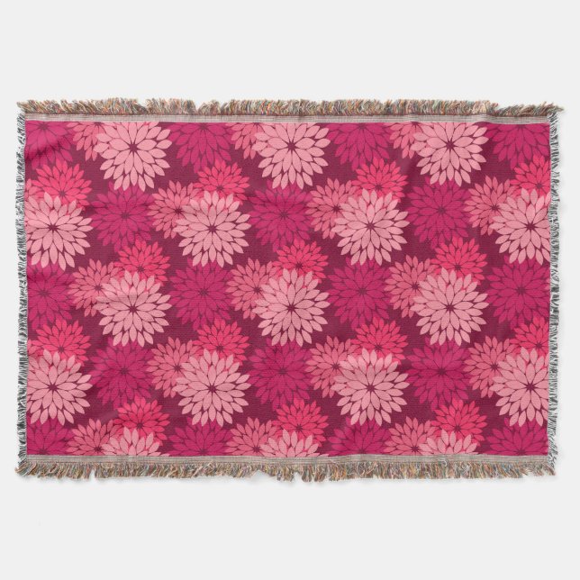 Modern Floral Kimono Print, Coral Pink & Burgundy Throw Blanket (Front)