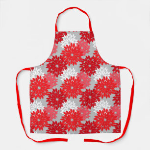 Modern Floral Kimono Print, Coral Red and Grey Apron