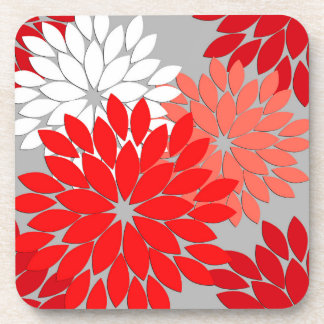 Modern Floral Kimono Print, Coral Red and Grey Coaster