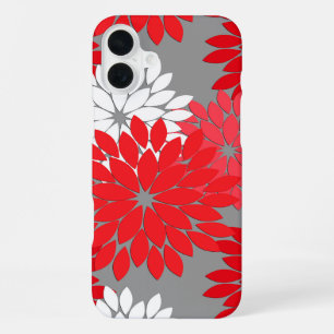 Modern Floral Kimono Print, Coral Red and Grey iPhone 16 Plus Case