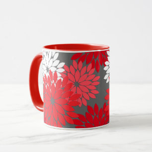 Modern Floral Kimono Print, Coral Red and Grey Mug