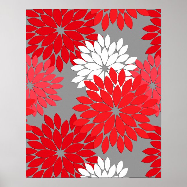 Modern Floral Kimono Print, Coral Red and Grey Poster (Front)