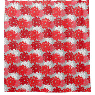 Modern Floral Kimono Print, Coral Red and Grey Shower Curtain
