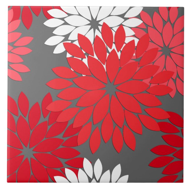 Modern Floral Kimono Print, Coral Red and Grey Tile (Front)