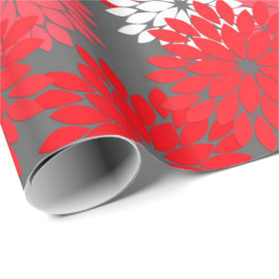 Modern Floral Kimono Print, Coral Red and Grey Wrapping Paper