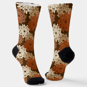 Modern Floral Kimono Print, Dark Brown and Tan Socks
