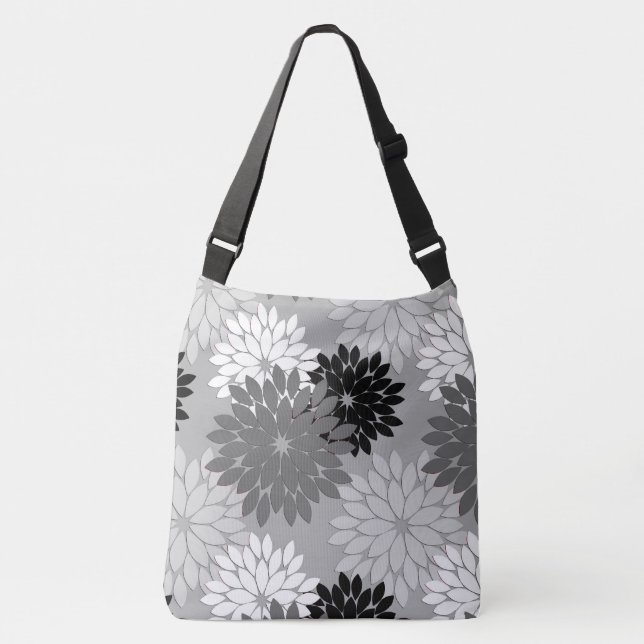 Modern Floral Kimono Print, Grey, Black and White Crossbody Bag (Front)