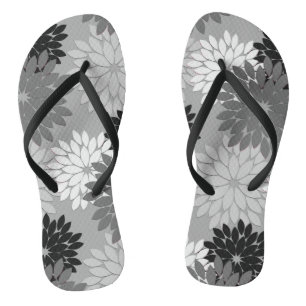 Modern Floral Kimono Print, Grey, Black and White Jandals