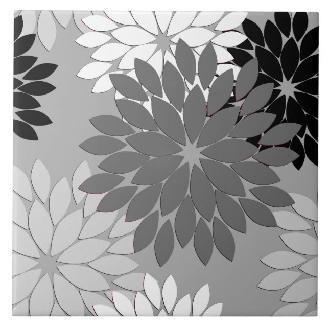 Modern Floral Kimono Print, Grey, Black and White Tile (Front)