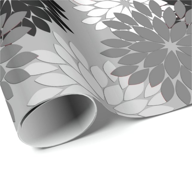 Modern Floral Kimono Print, Grey, Black and White Wrapping Paper (Roll Corner)