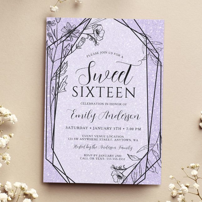 Modern Floral Lavender Purple Glitter Sweet 16 Invitation (Creator Uploaded)