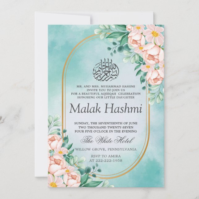 Modern Floral Leaf Blue Islamic Aqiqa Aqeeqa Baby Invitation (Front)