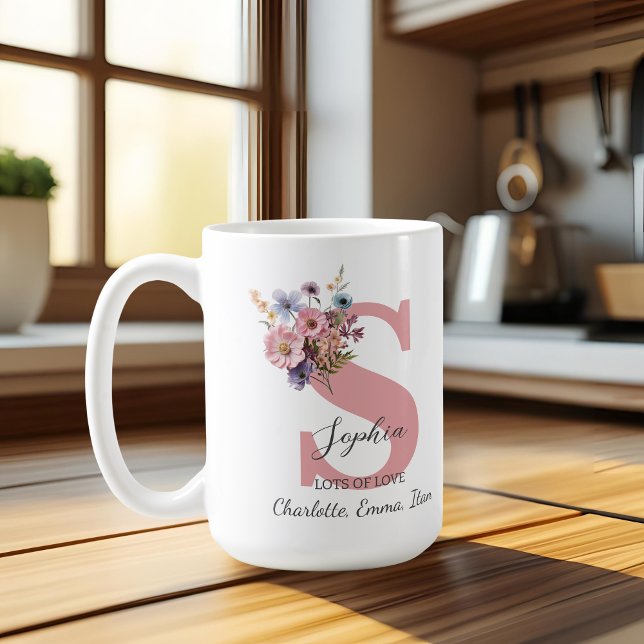 Modern Floral Letter S – Personalised with Name Coffee Mug (Creator Uploaded)