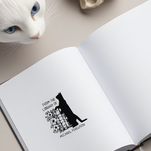 Modern Floral Library Cat Rubber Stamp