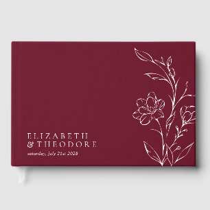 Modern Floral Line Art Elegant Burgundy Wedding Guest Book