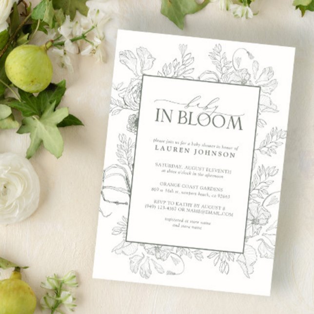 Modern Floral Line Art Sage Green Baby In Bloom Invitation (Creator Uploaded)
