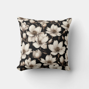 Modern Floral Magnolia Flowers on Black Cushion